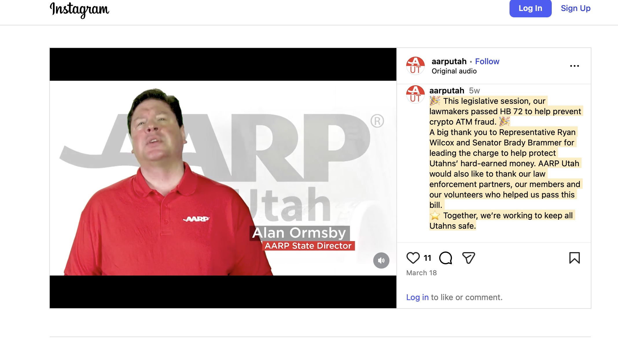 AARP Utah State Director Alan Ormsby thanks Representative Wilcox and Senator Brammer for passing HB 72 in an Instagram video