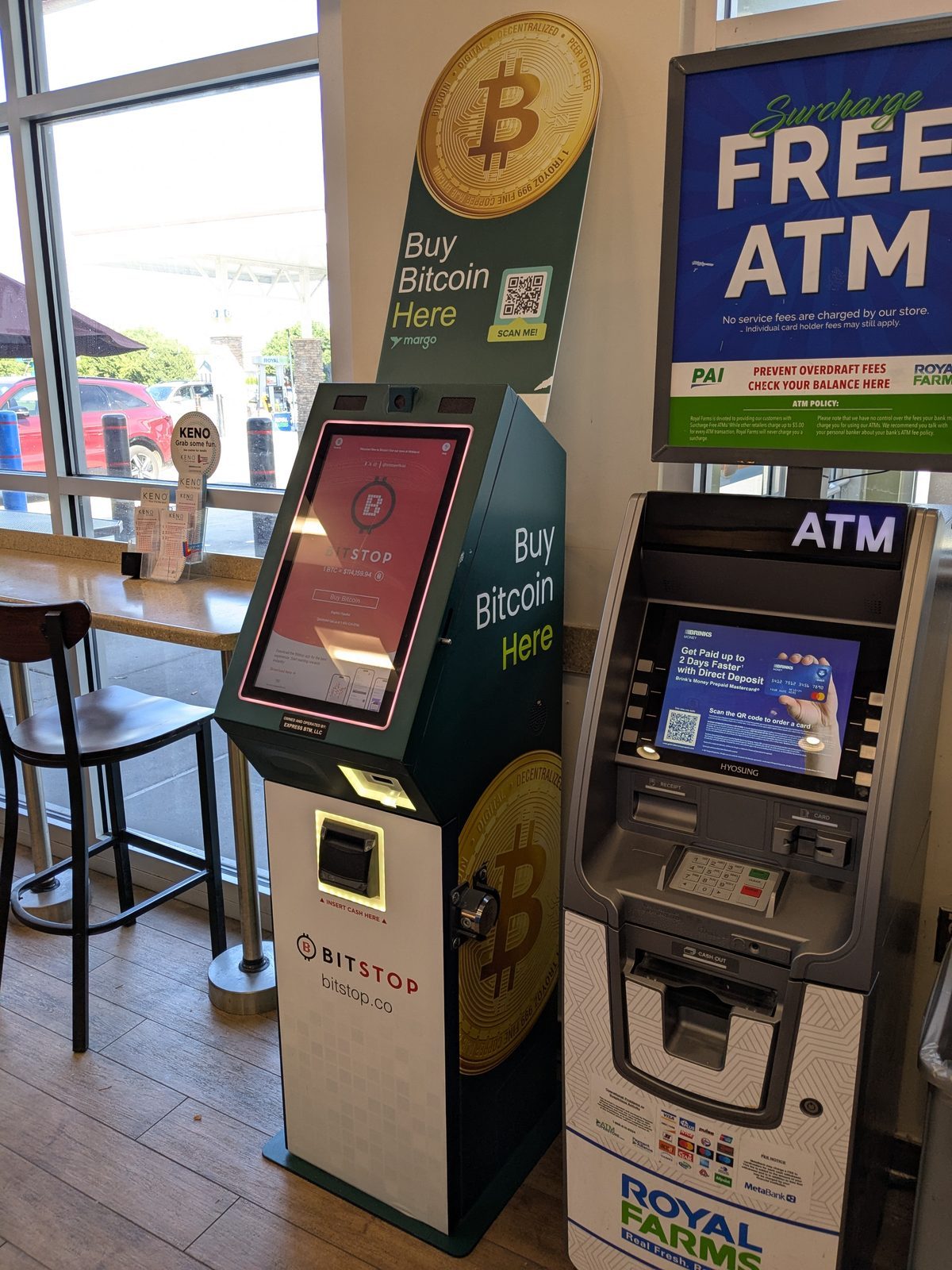 Bitstop Bitcoin ATM at Royal Farms location showing active Bitstop software interface, Margo branding, and Royal Farms ATM signage