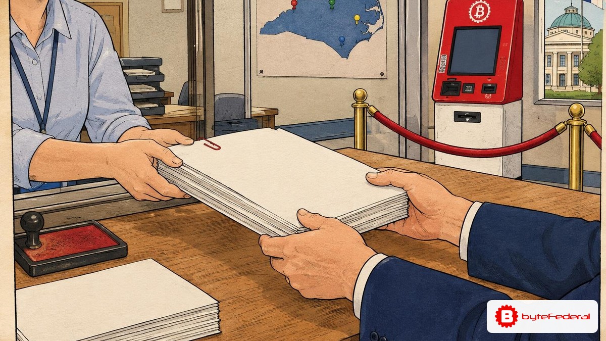 Street-level view of lawyers at courthouse microphones with open briefcase and file folders; red-and-white Bitcoin ATM…