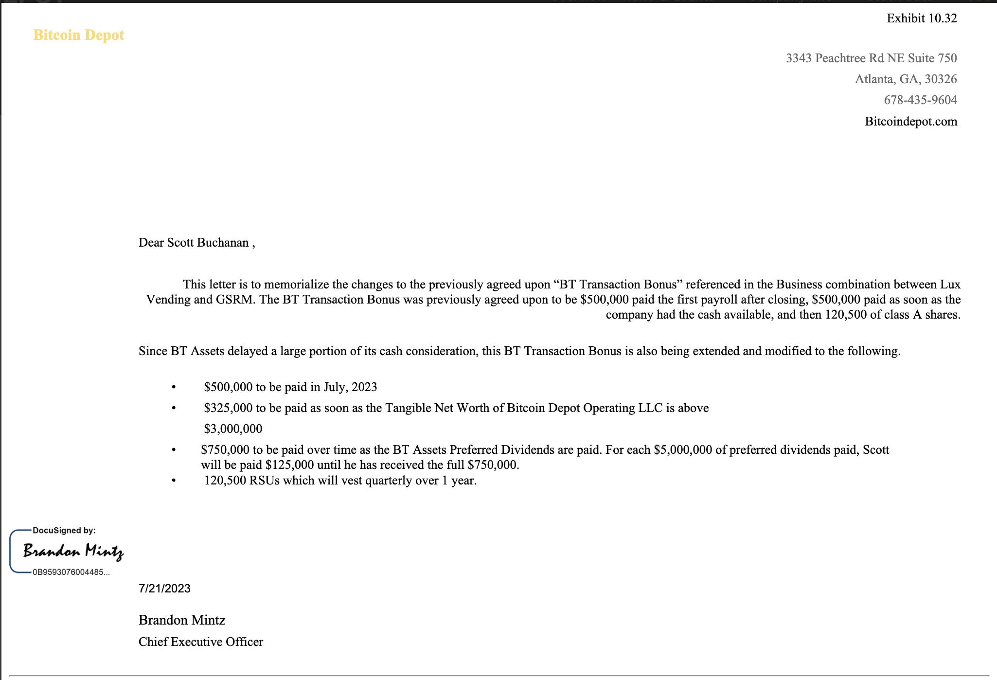 Exhibit 10.32 — Letter agreement from Brandon Mintz to Scott Buchanan restructuring the BT Transaction Bonus, signed July 21, 2023