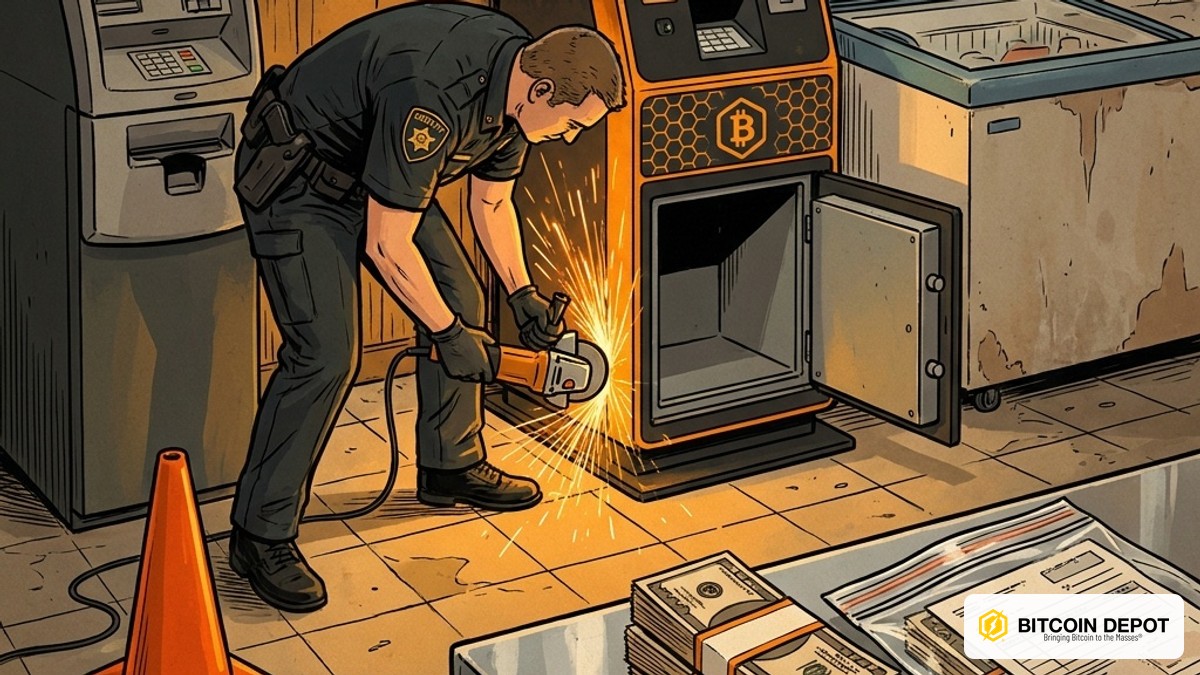 Editorial illustration: a sheriff's deputy cuts open the cash cabinet of an orange-and-black Bitcoin Depot kiosk with an angle grinder, sparks flying, beside…
