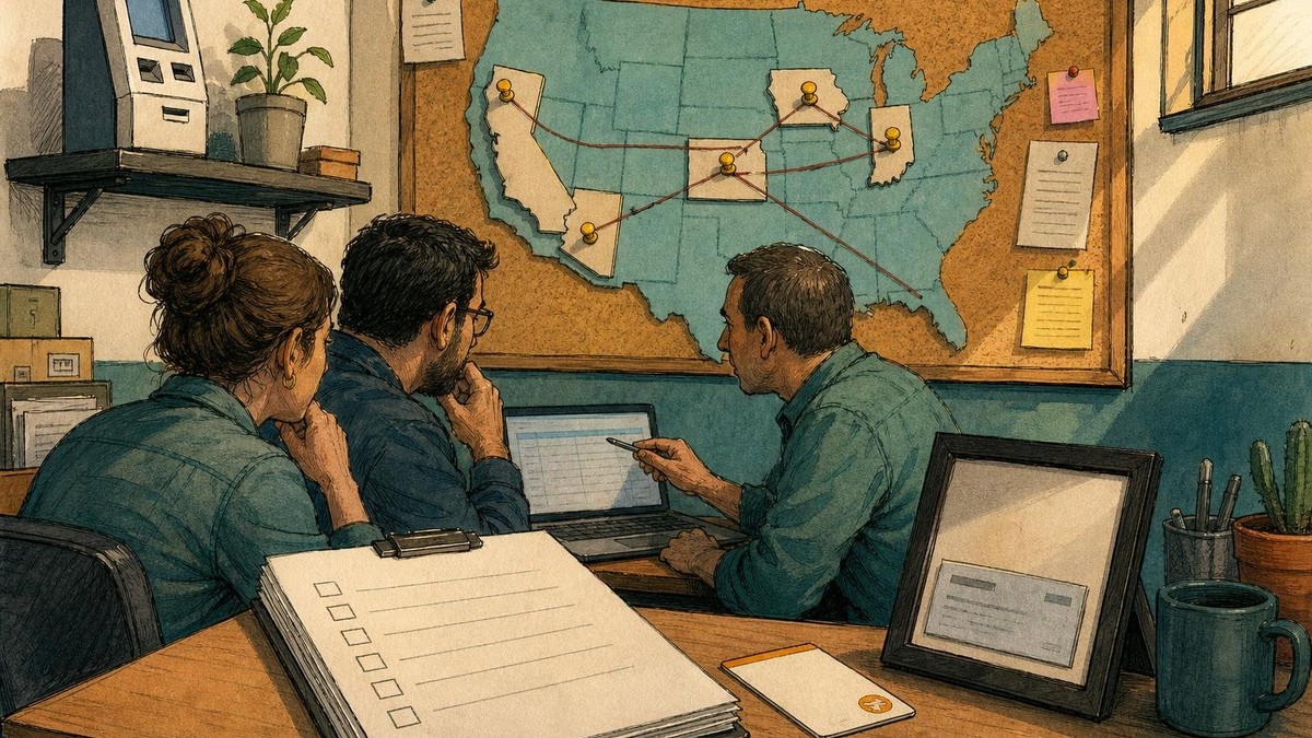 Back-office desk with blank compliance checklist, small model kiosk, and face-down fee card; wall corkboard behind displays…