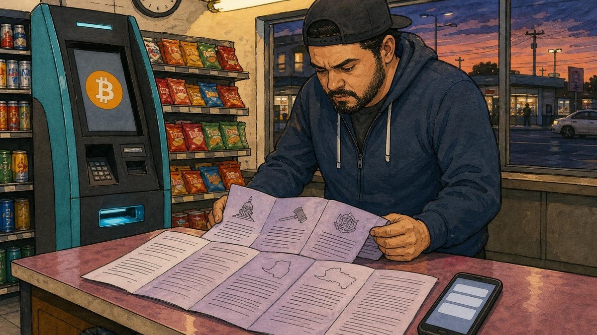 A convenience-store clerk studies folded legislative documents on a counter beside a Bitcoin ATM kiosk near a snack aisle…