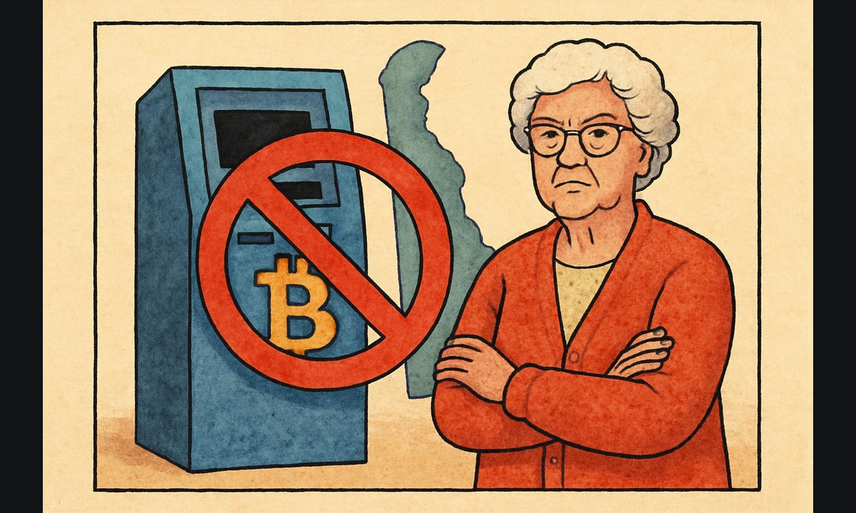 Editorial illustration accompanying "AARP Throws Its Weight Behind Delaware's HB 441 — A Total Crypto ATM Ban With a 90-Day Removal Mandate".