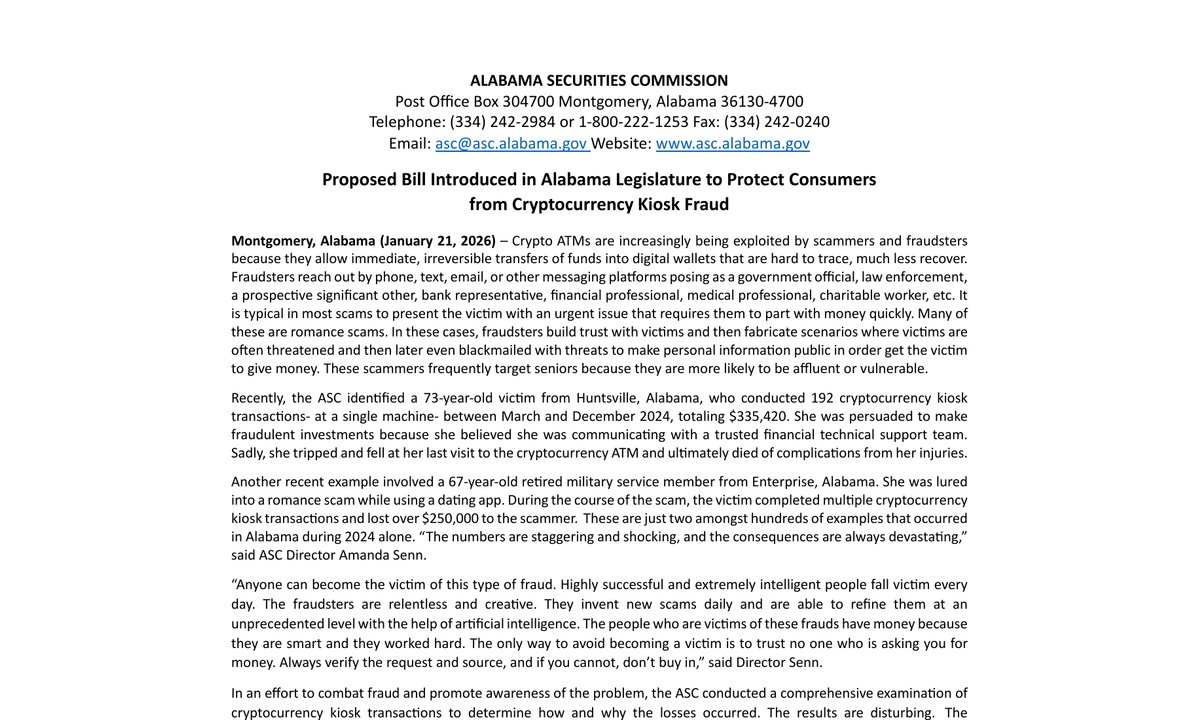 Alabama Securities Commission press release announcing HB 303 and summarizing statewide kiosk-fraud findings.