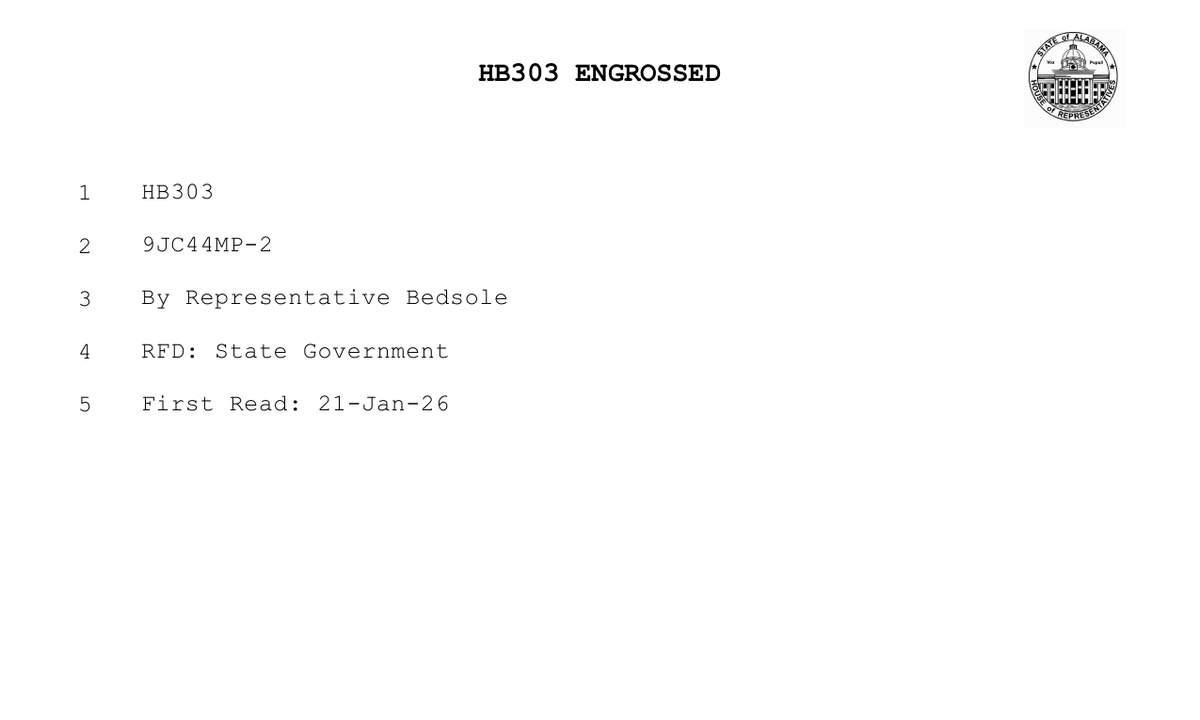 First page of Alabama House Bill 303 showing the engrossed bill cover, sponsor, committee referral, and first-read date.
