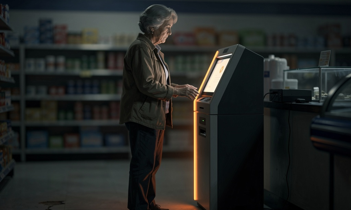 Editorial illustration of an older adult using a Bitcoin ATM kiosk in a dim convenience store at night.