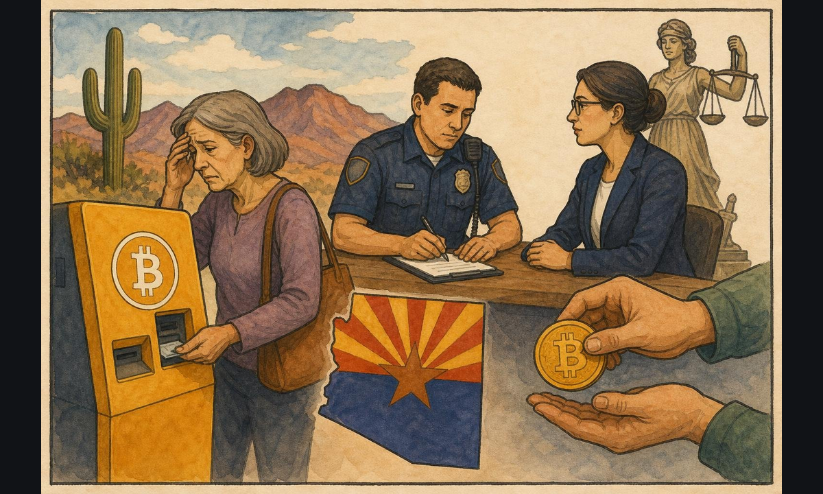 Editorial illustration accompanying "Arizona Creates Fraud Refund Process for Bitcoin ATM Scam Victims".