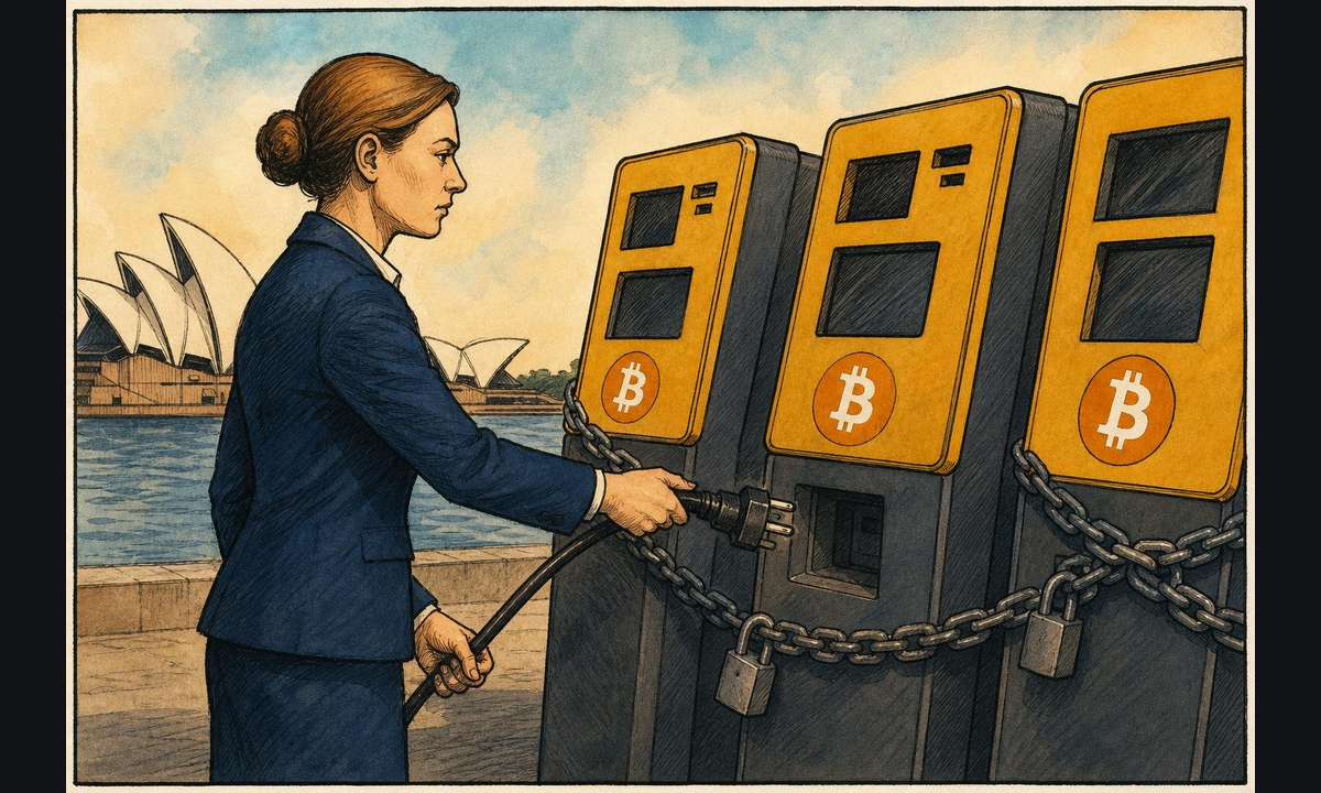 Editorial illustration accompanying "Australia Orders 96 Cryptolink Bitcoin ATMs Offline in Three-Month Registration Suspension".