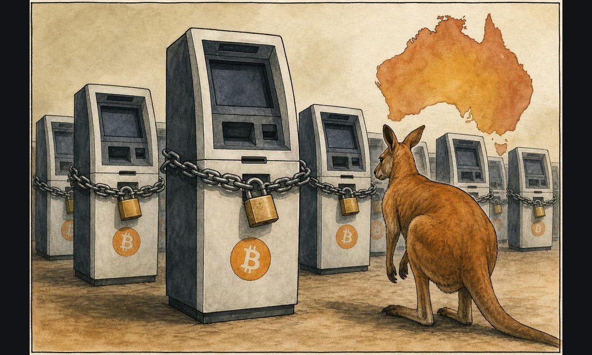 Editorial illustration accompanying "Australia Orders 96 Cryptolink Bitcoin ATMs Offline in Three-Month Registration Suspension".