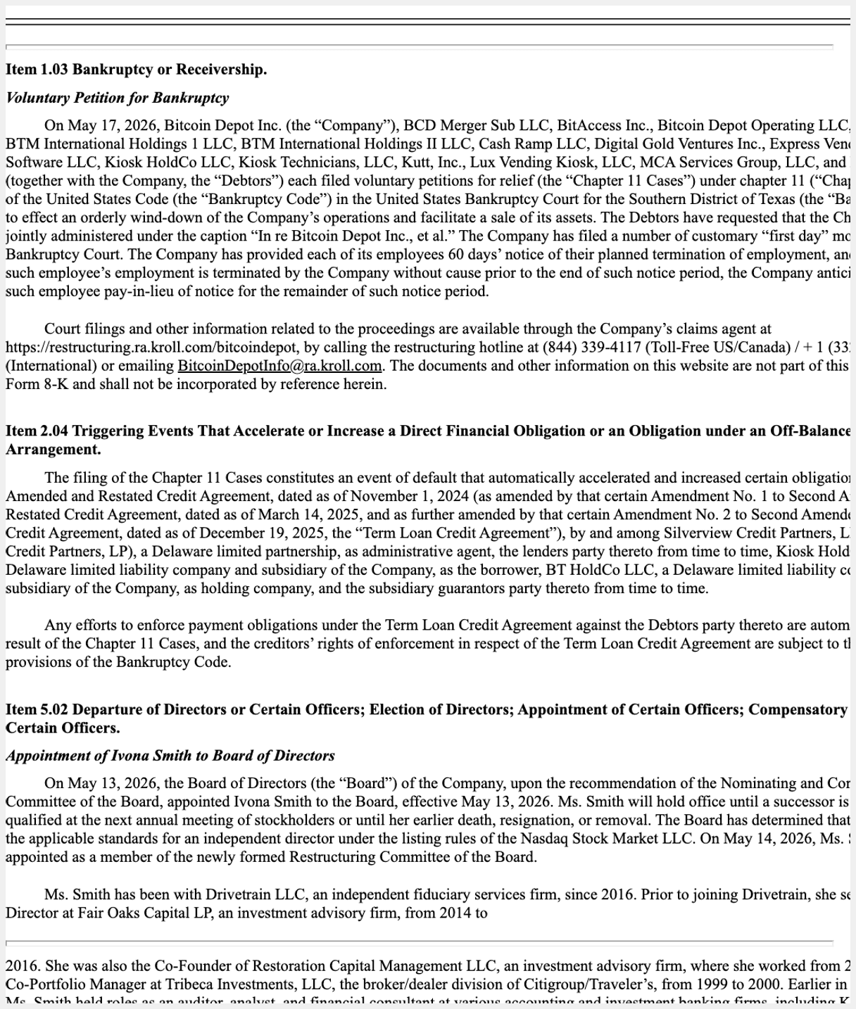 SEC EDGAR screenshot of Bitcoin Depot's May 18, 2026 Form 8-K showing Item 1.03 (Bankruptcy or Receivership), Item 2.04 (term-loan default and acceleration), and Item 5.02 (appointment of Ivona Smith).