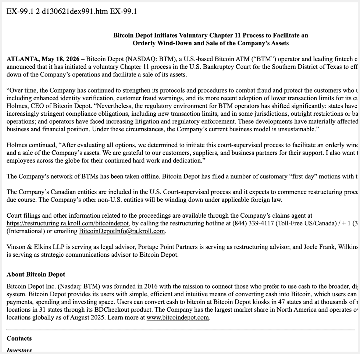 SEC EDGAR screenshot of Bitcoin Depot's May 18, 2026 press release (Exhibit 99.1) headlined 'Bitcoin Depot Initiates Voluntary Chapter 11 Process to Facilitate an Orderly Wind-Down and Sale of the Company's Assets'.