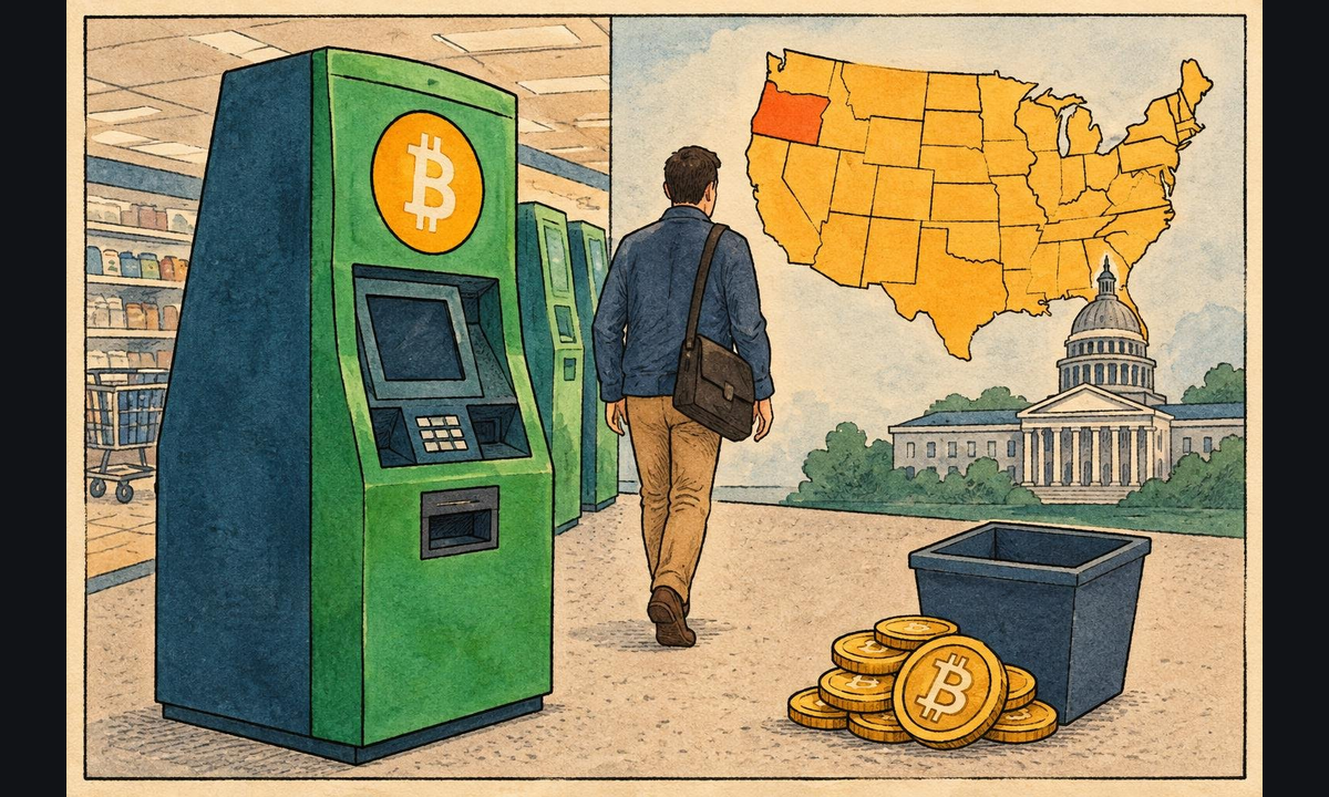 Editorial illustration accompanying "Coinme Agrees to Leave Oregon's Coinstar Kiosks Under 34-State Settlement Citing AML Gaps".