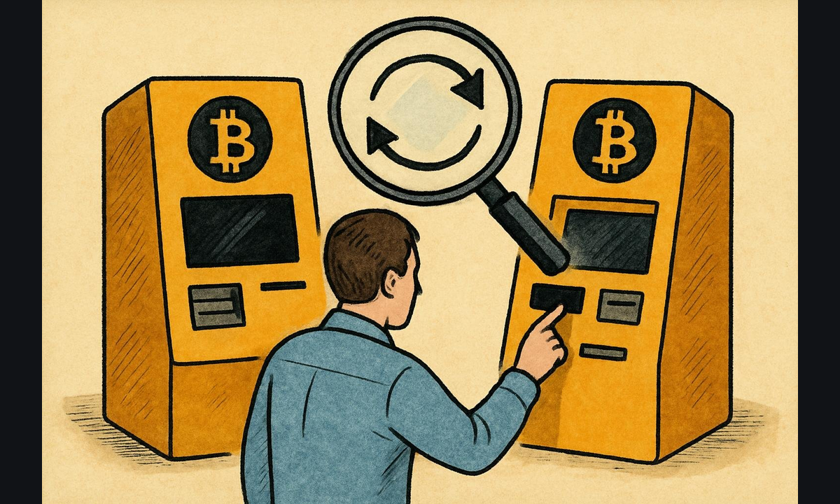Editorial illustration accompanying "Florida Proposes Cross-Kiosk Transaction Monitoring for Bitcoin ATMs".