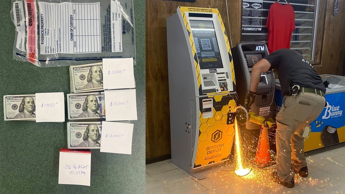 Left: bundled hundred-dollar bills with handwritten tally cards beside an evidence bag. Right: a deputy cuts into a yellow-and-black Bitcoin Depot kiosk with a grinder, sparks flying.