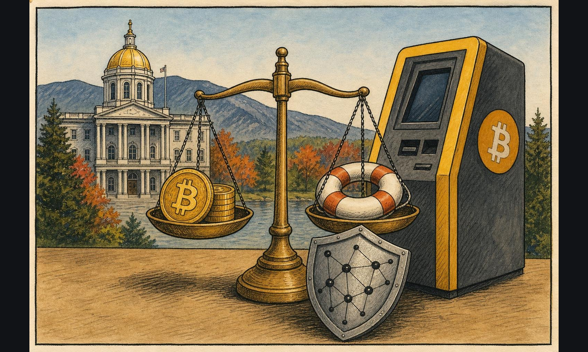Editorial illustration accompanying "New Hampshire Passes Bitcoin ATM Bill: $2,000 Daily Caps, 14-Day Scam Refunds, and Mandatory Blockchain Screening".