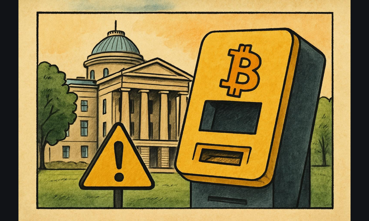 Editorial illustration accompanying "North Carolina House Passes Crypto ATM Bill Requiring Licenses, Fraud Warnings, and Transaction Limits".