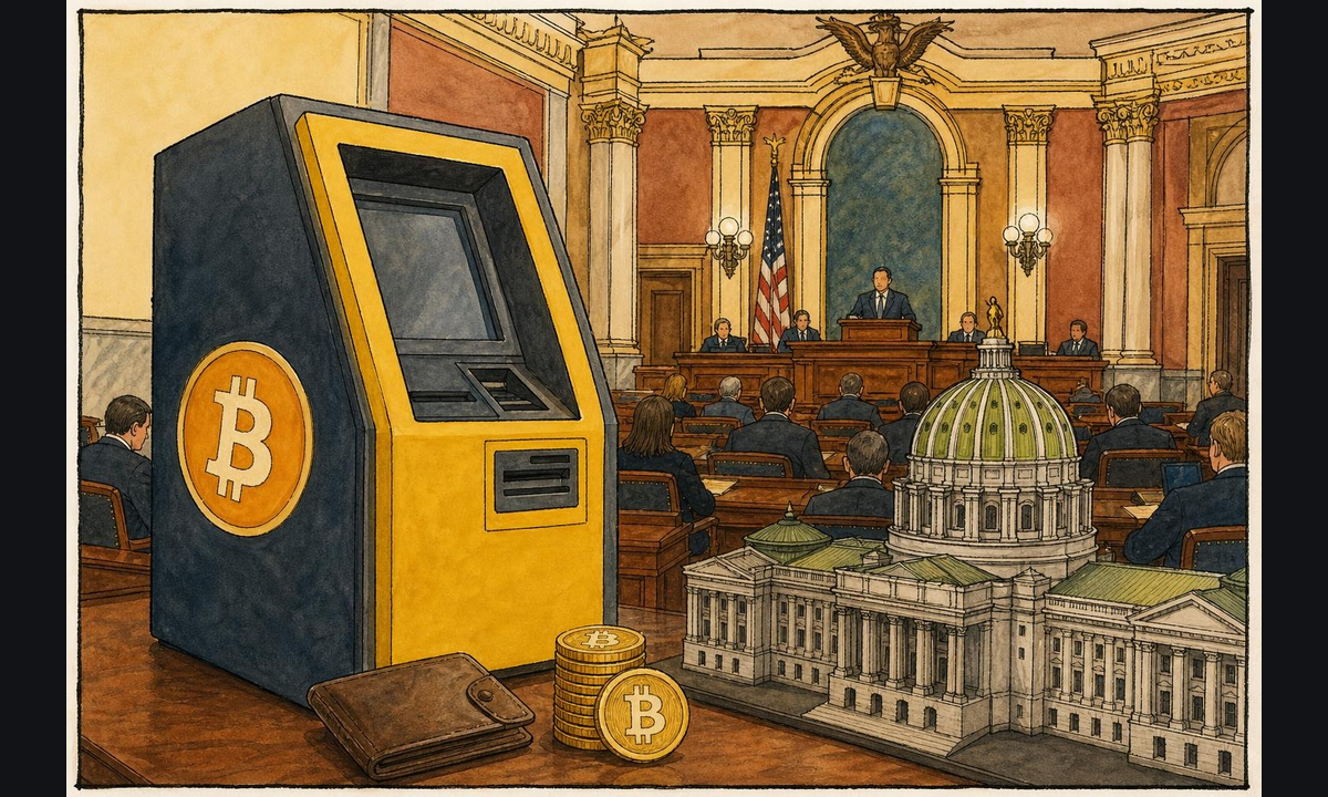 Editorial illustration accompanying "Pennsylvania HB 2643 Advances: Virtual-Currency Kiosk Bill Moves Through House".