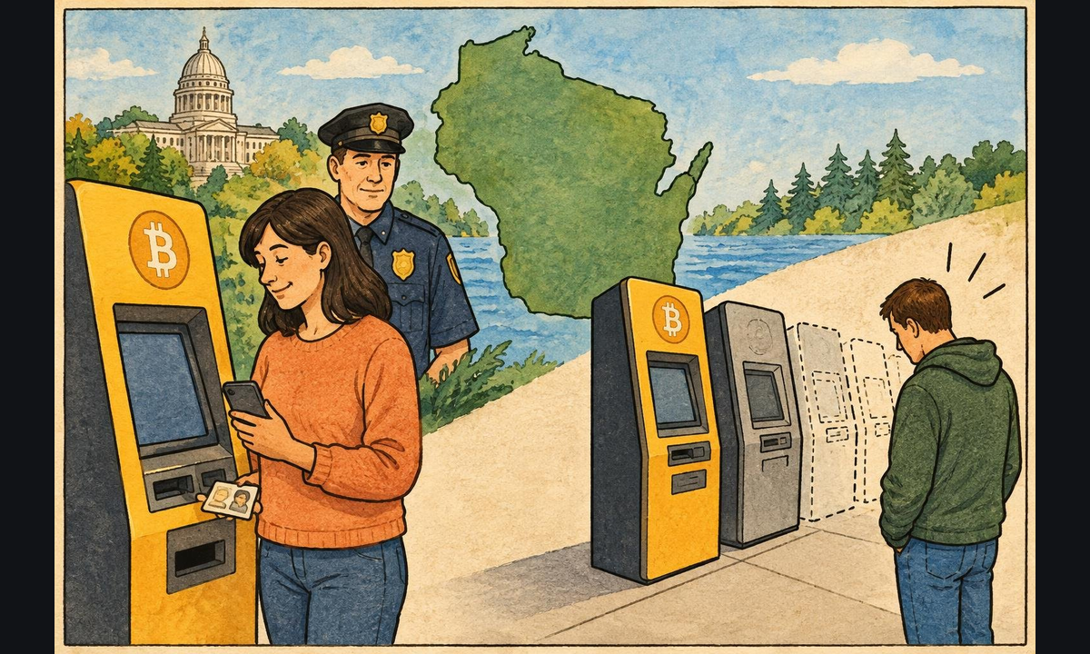 Editorial illustration accompanying "Wisconsin Reports Fewer Crypto ATM Scam Complaints Under Act 226, While Lawful Cash Buyers Lost Half the State's Kiosks".