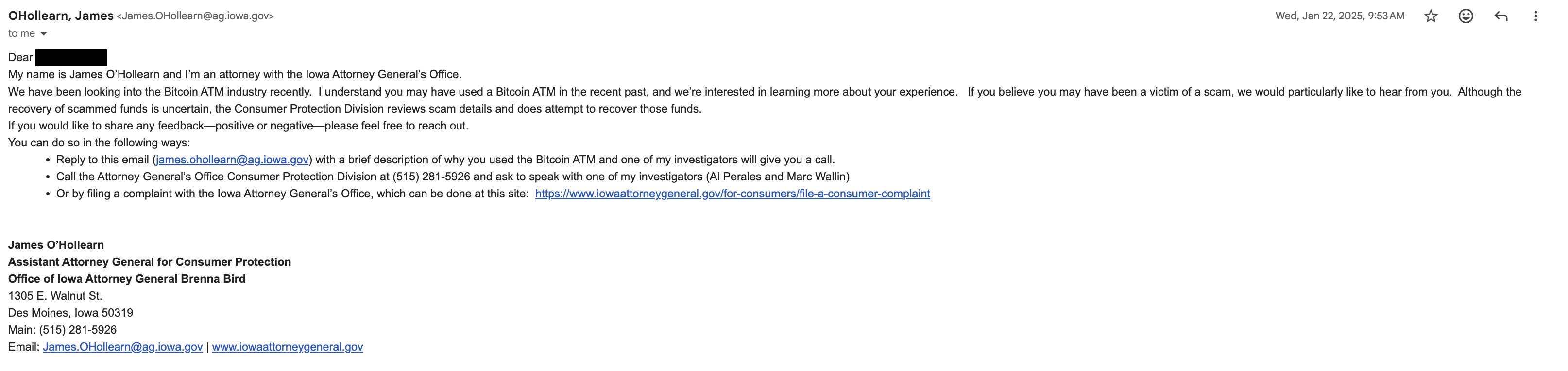 January 22, 2025 email from Iowa Assistant Attorney General James O'Hollearn to a Bitcoin ATM customer, framing the inquiry around scam victimization.