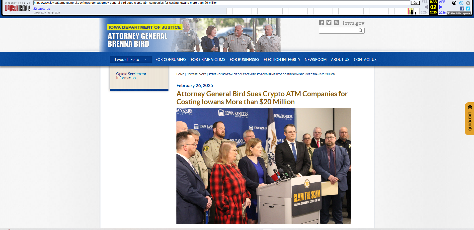 Wayback Machine capture of the Iowa Attorney General's February 26, 2025 press release announcing lawsuits against Bitcoin Depot and CoinFlip.
